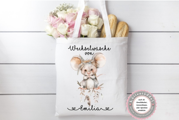 zuckersüße Tasche Maus 2 Boho Style Wechselwäsche WechselkleidungWunschname für KITA Geschenk Kindergarten Einschulung von Lüttentüddel®
